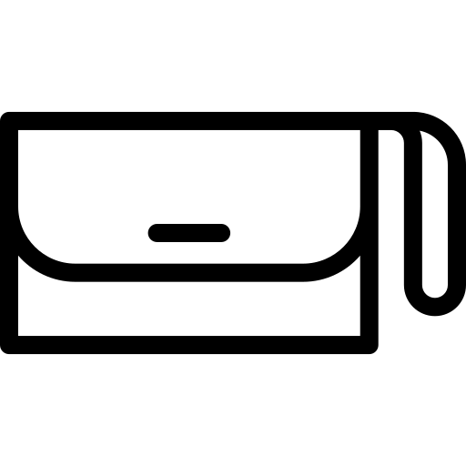 A flat black-outlined icon of a clutch wallet with wristlet strap